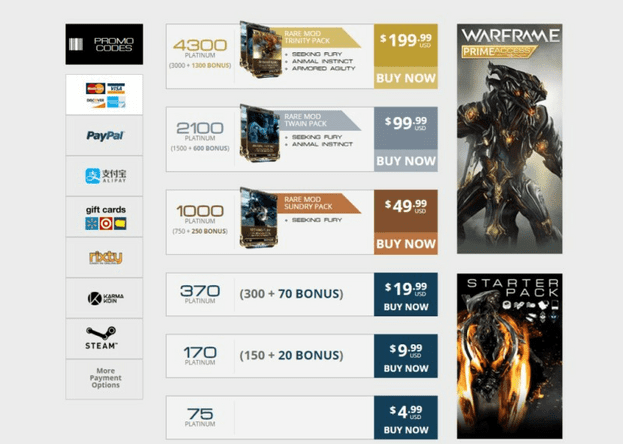 warframe payments for game purchases